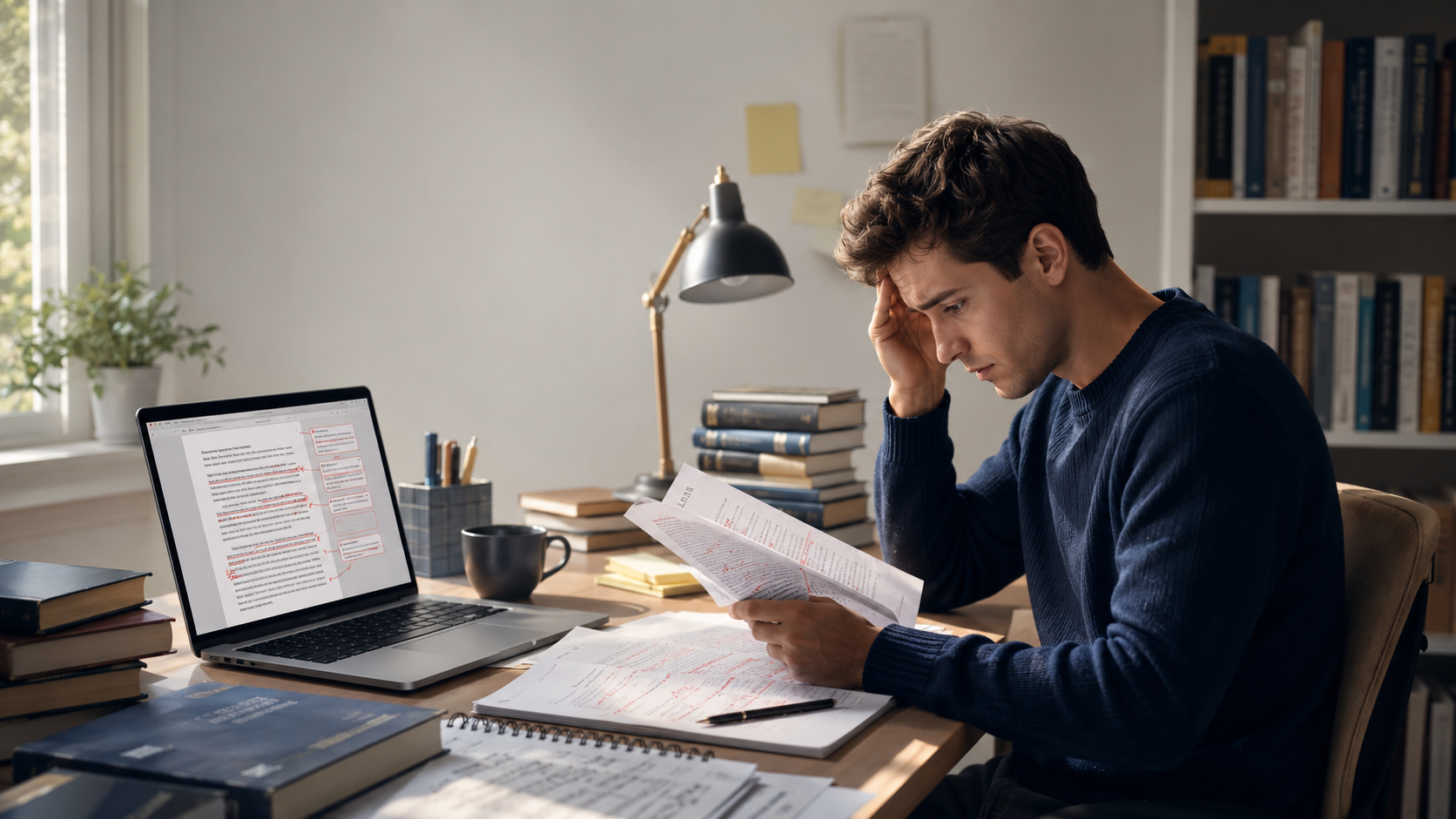 A postgraduate student looks worried while reading a thesis document full of supervisor comments and red annotations.