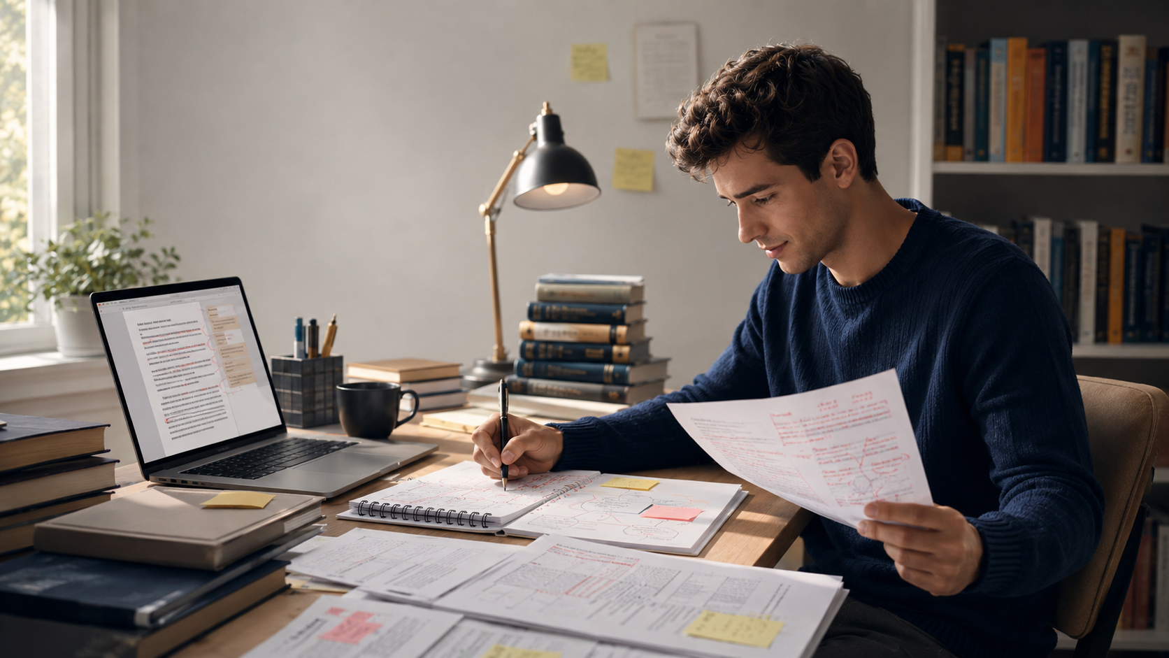 A student organizes supervisor comments into a calmer revision plan with thesis pages, notes, and a laptop.