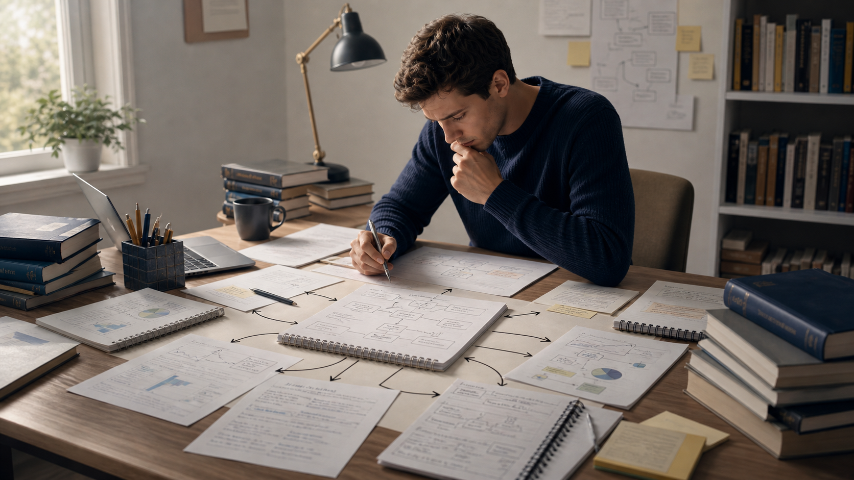 A student maps thesis chapters and findings with arrows and notes to protect the research logic during revision.