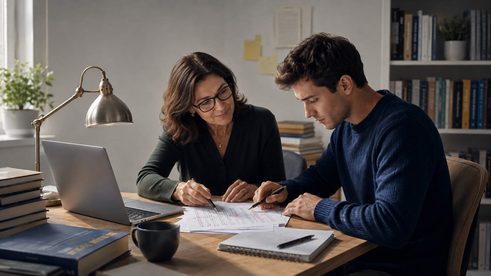 An academic advisor and student review annotated thesis pages together in a transparent and supportive revision session.